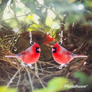 Acrylic red cardinal flat, smooth earrings.